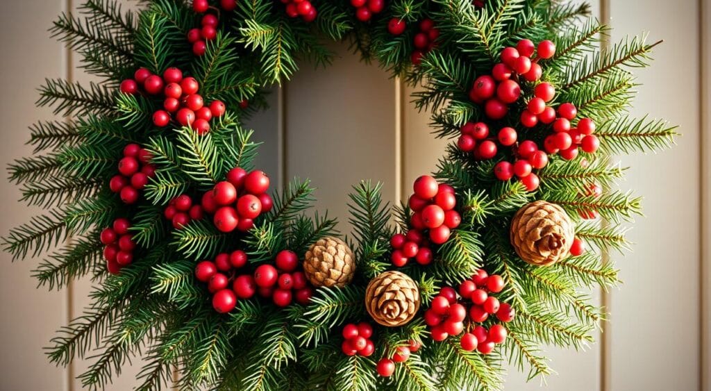 Evergreen Wreath with Red Berries and Pinecones