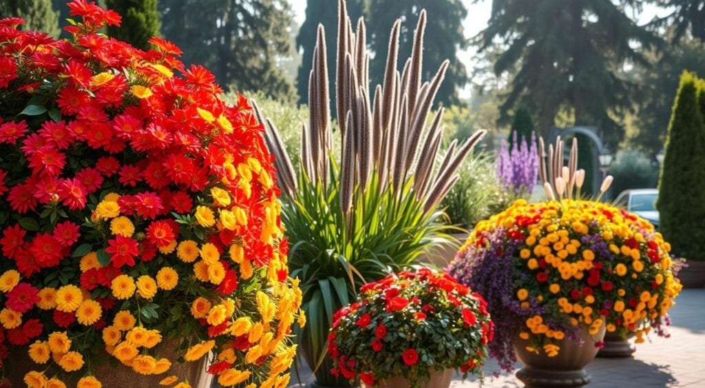 large outdoor planters with seasonal flowering plants